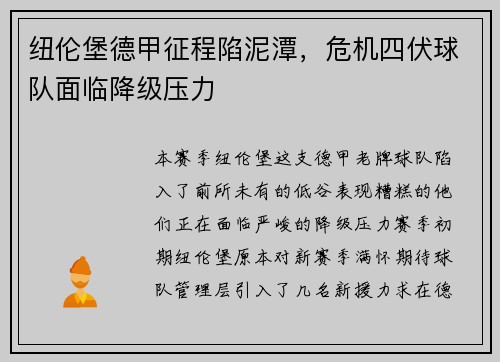 纽伦堡德甲征程陷泥潭，危机四伏球队面临降级压力