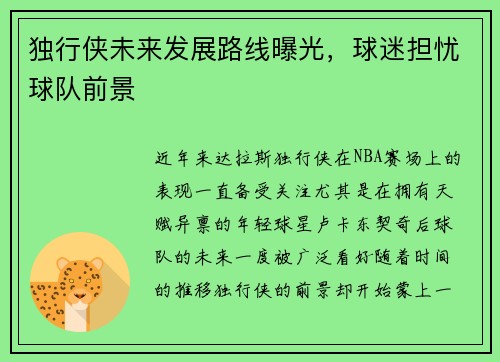 独行侠未来发展路线曝光，球迷担忧球队前景